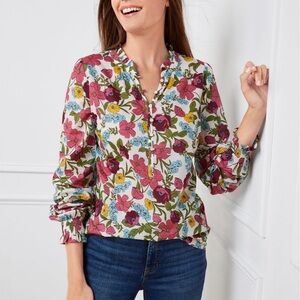 TALBOTS Size 3X Floral Popover Blouse White Pink Blue Yellow Ruffle Cotton